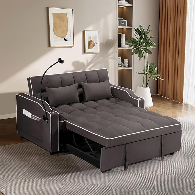 JEEOEHY 3 in 1 Convertible Sleeper Sofa BedVelvet Pull Out Couch Bed w USB&ampType C PortComfy Futon Loveseat with Adjustable Backrest&ampPhone Holder for Living Room Apartment Small Space(Brown)