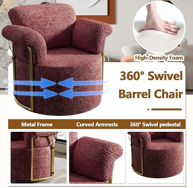 Swivel Accent Chairs for Living Room 360 Swivel Barrel Chair with Arm for Bedroom Upholstered Round Chair &amp Corner Chairs with Gold Frame for Small Spaces Chenille (Red)