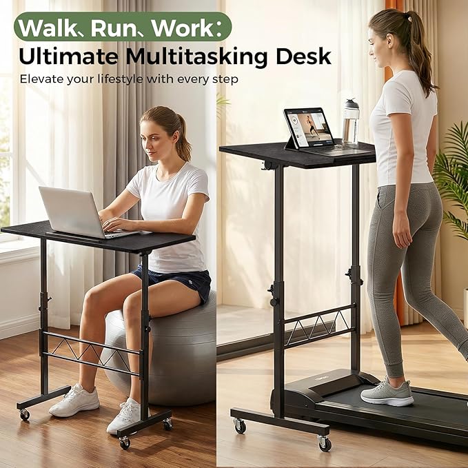 GTPLAYER Small Standing Desk Adjustable Height 30.7-46.4 Portable Computer Table Mobile Desk Workstation Stand Up Desk with Wheels Compact Rolling Table for Home Work Treadmill Walking Pad Black