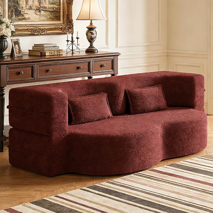 2 in 1 Convertible Compressed Sofa Bed 54'' Modern Boneless Loveseat Sleeper in a Box Floor Mattress Futon Couch No Assembly Needed Space Saving Burgundy 2 Pillows Full for Small Living Room