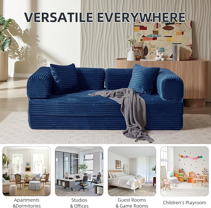 Convertible Folding Sofa BedFold Out Floor Sofa Couch with Fixed-Shape FrameCorduroy Foldable Mattress Cloud Couch for Living Room Bedroom (Blue 81 Inch)