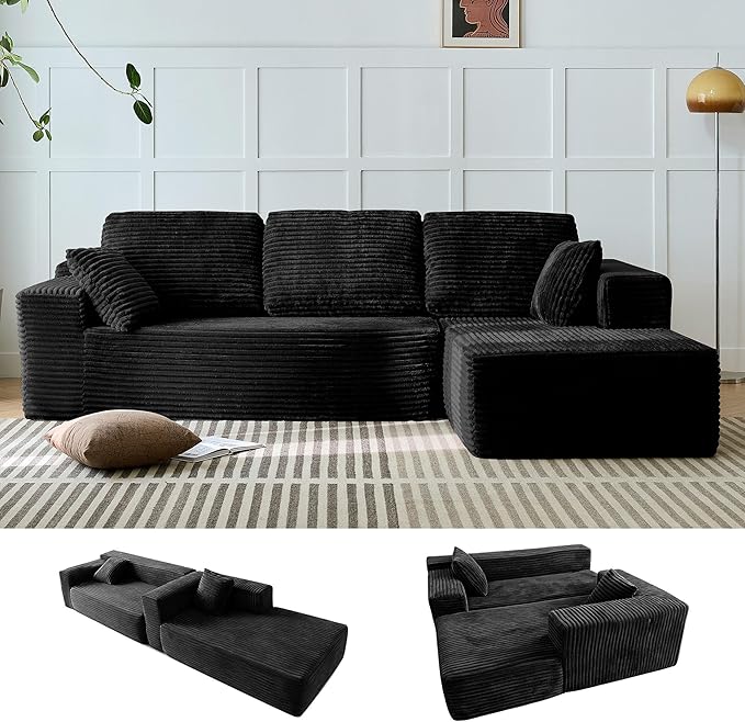 104 L-Shaped Cloud Sectional Sofa with Oversized Chaise Modular 3-Seater Corduroy Couch for Living Room &amp Bedroom Deep Seat No Assembly Required (Black L Shape with Right FacingChaise)