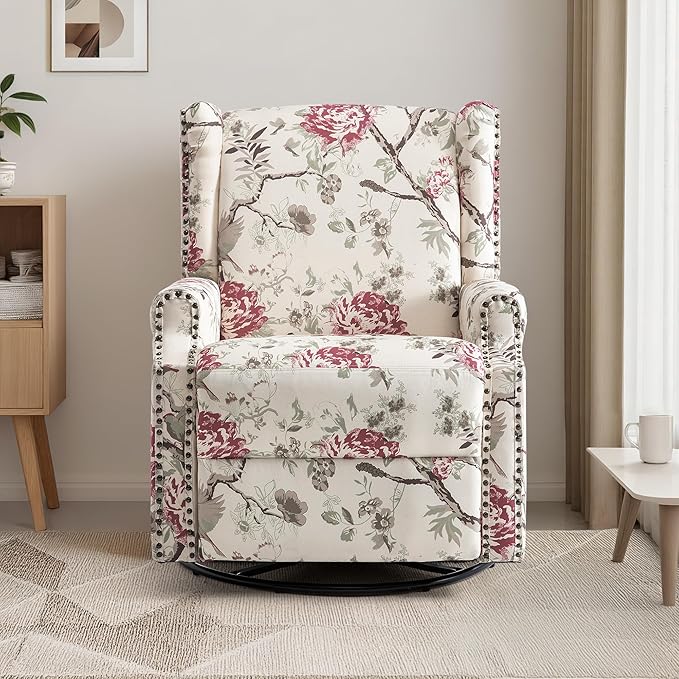 Swivel Rocker Recliner Chair Manual Nursery Glider Recliner Floral Fabric Wingback Accent Chair with Adjustable Backrest &amp Footrest for Small Spaces Living Room Bedroom (Plants Floral Set of 2)