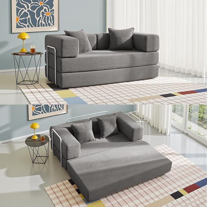 YINIX Sofa Bed 62'' Folding Floor Couch Compressed Convertable Sleeper Sofa Memory Foam Couch with Pillow Back Support Armrest 4-in-1 Futon Sofa Bed for Living Room Silver