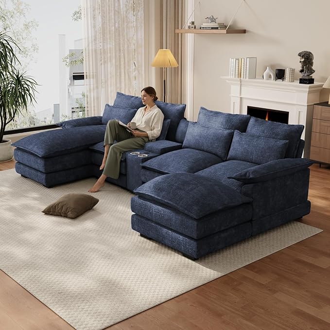 OUYESSIR 135 U Shaped Sectional Cloud CouchBlue Sectional Couches for Living RoomComfy Fluffy Chenille Oversized Cloud CouchModular Sectional Sofa with Central Console &amp Double Chaise Lounge