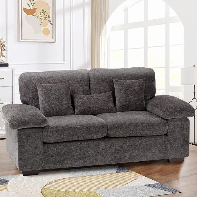 Loveseat Sofa73 Love Seat Couches Living Room Sofa with 3 Pillows Upholstered Comfy Chenille Seat Cushions Bedroom CouchGrey