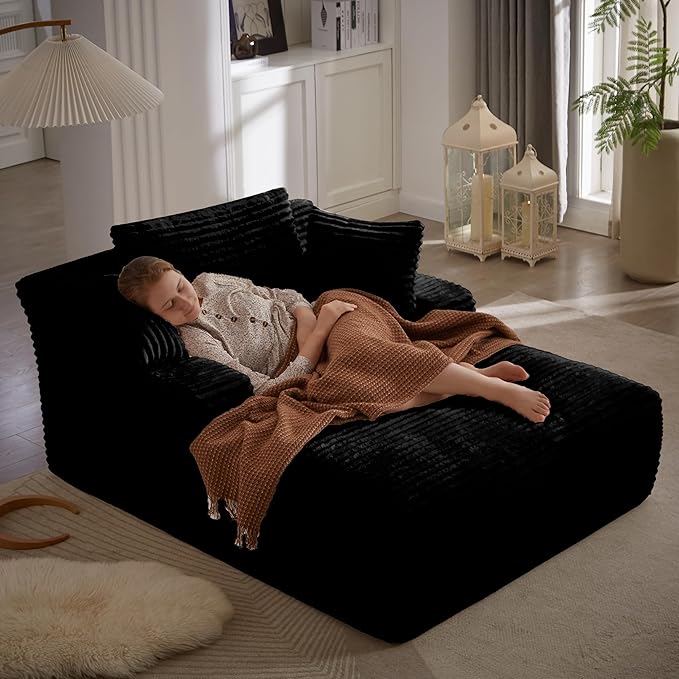 49.2 Oversized Chaise Lounge Chair IndoorCorduroy Boneless Reading Chair with 3 PillowsDeep Seat Cloud Sofa BedComfy Modern Sleeper Chairs in Box for Living Room BedroomNo Assembly(Black)