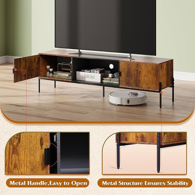 WLIVE TV Stand for 65 Inch TV Mid Century Modern Entainment Center with 2 Storage Cabinets &amp Open Shelf TV Console Table Media with Metal Legs for Living Room Bedroom Rustic Brown
