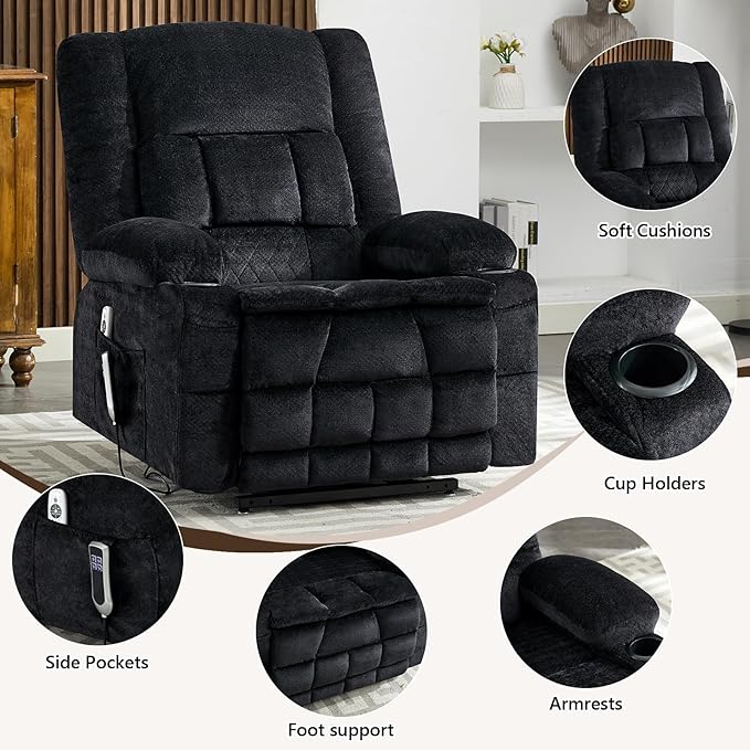 Massage Power Lift Recliner Chair Lift Recliner with Heat Recliners with 8 Massage PointsUSB Charge Port 2 Cup Holders Suitable for Elderly Adults Man Women for Living RoomBedroom (Black)