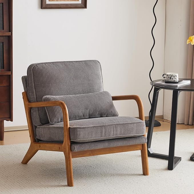Karl home Mid-Century Modern Accent Chair Living Room Chairs with Pillow Corduroy Upholstered Lounge Armchair with Solid Wood Frame &amp Soft Cushion for Bedroom Reading Room Gray