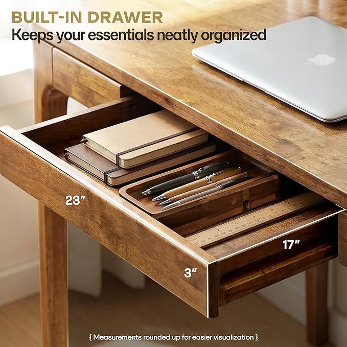 Acacia Wilma 48” Rubber Wood Rectangular Writing Desk for Study Office Desk Dining Table Set for 4 with Storage Drawer Mid-Century Modern Table for Bedroom Dining Room Easy Assembly Natural