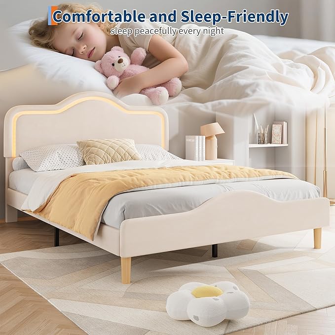 IDEALHOUSE Full Size Bed Frame with LED Lights Velvet Upholstered Platform Bed with Adjustable Headboard for Kids/Girls Wooden Slats Support No Box Spring Needed Beige