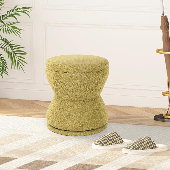 Round Ottoman with Storage 360°Swivel Vanity Stool Chiar with Wooden Frame Small Makeup Chair Comfy Foot Stool with Thick Padded for Living Room Bedroom Entryway