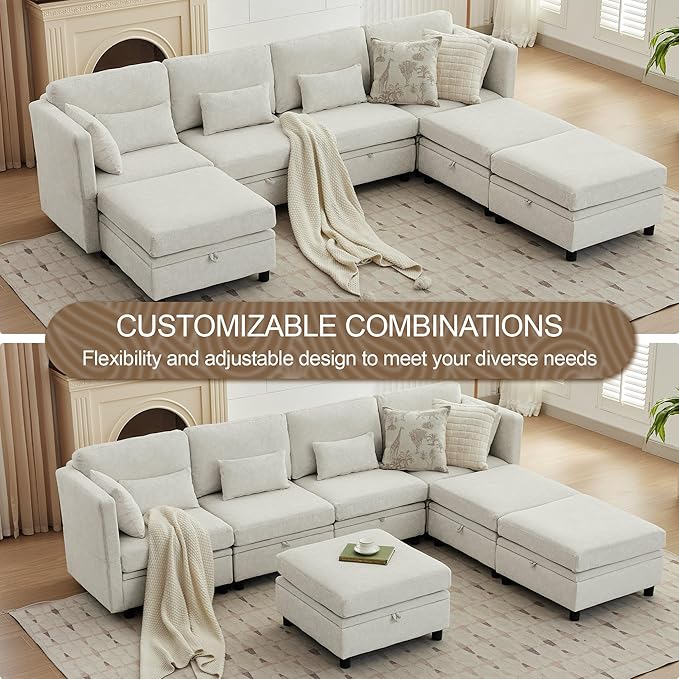 112 Modular Sectional Sofa with Storage U Shaped Sectional Sofa for Living Room Convertible Cloud Sectional Couch with Chaise 7 Seat Couch with Cushions Adjustable Backrest Design Beige