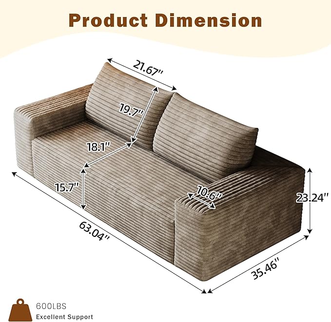 63 Small Cloud Loveseat Sofa in a Box Comfy Corduroy 2-Seater Boneless Couch Modern Deep Seat Sofa for Small Spaces Living Room &amp Apartment No Assembly Required (Camel 63 inch) | Memory Foam