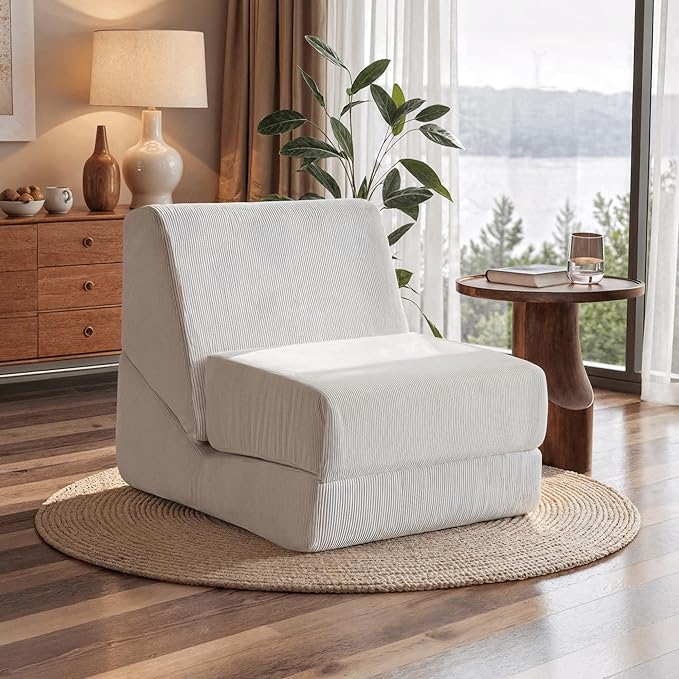 Folding Sofa Bed Convertible Sleeper Chair with Back Support Multifunctional Chaise Lounge Chair Corduroy Single Floor Couch for Small Space Apartment Dorm Office White