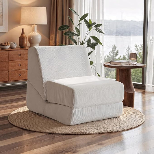 Folding Sofa Bed Convertible Sleeper Chair with Back Support Multifunctional Chaise Lounge Chair Corduroy Single Floor Couch for Small Space Apartment Dorm Office White