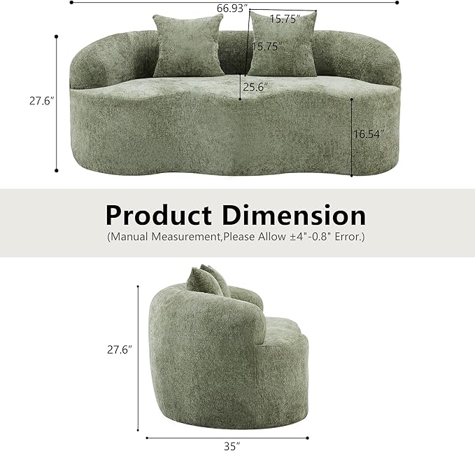 66.93 Curved Loveseat 2 Seater Foam Sofa Soft Chenille Round Couch Cloud Sofa Deep Seat Love Seat with 2 Pillows Modern Boneless Compression No Assembly Comfy Small Couches for Small Spaces (Green)