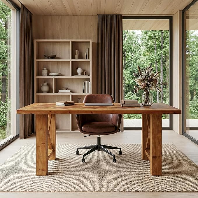 63-Inch Computer Desk Solid Wood Office Desk with Parquet Top and X-Shaped Legs Modern Executive Study Table for Home Office Large Legroom Brown