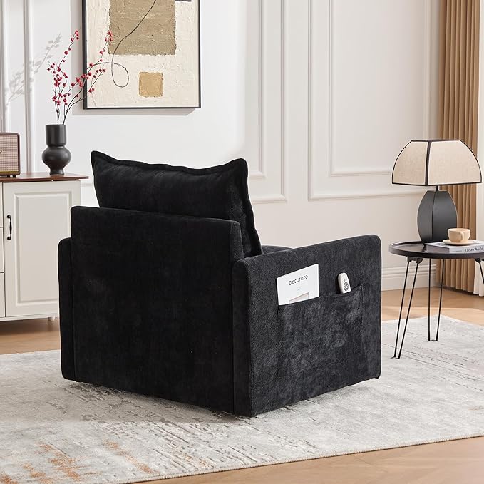 36.2” Swivel Accent Chair with Side Pockets Mid Century Modern Armchair with Solid Metal Base Comfy Single Sofa Chair 360 Degree Swivel Barrel Chairs for Living Room Bedroom (Black)