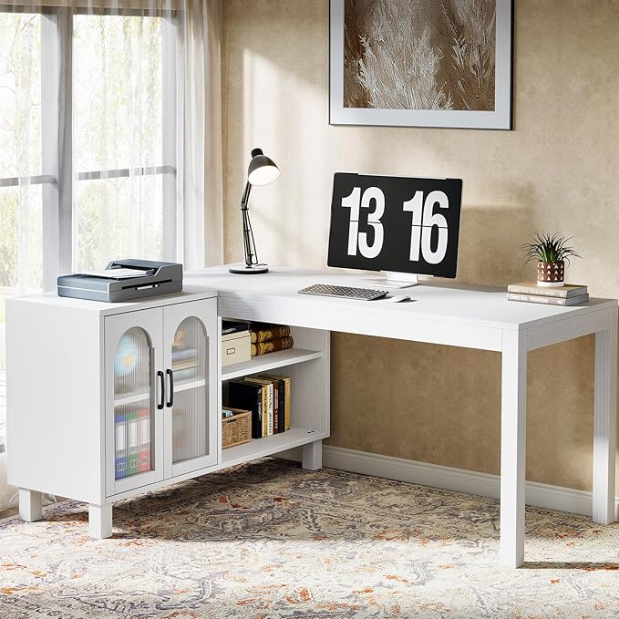Tribesigns L-Shaped Desk with File Cabinet 59-Inch Executive Office Desk with Storage Shelves Wooden Study Writing Desk Farmhouse Corner Computer Desk for Home Office White