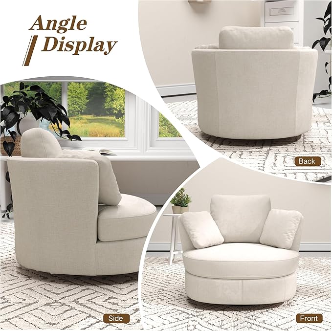 Mlmh &amp Kngwa Oversized Swivel Chair with Ottoman 40.4 inch Round Swivel Accent Chair and A Half Moon Ottoman with 3 Pillows Chenille Cozy Reading Chairs for Bedroom Living Room Beige
