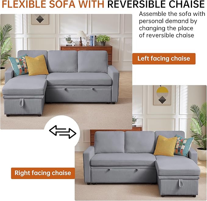79 Sectional Sofa Couch L Shaped Sleeper Sofa Bed with Reversible Storage Chaise Side Pockets Durable Cushions Convertible Pull Out Bed Couch for Living Room Light Grey