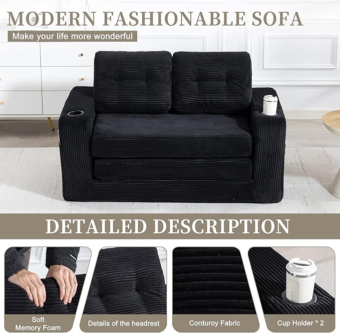 53'' Folding Sofa Bed Boneless Loveseat Sleeper Sofa 2 in 1 Convertible Foldable Pull Out Sofa Bed with Pillows Comfy Cloud Floor Couch for Living Room Small Space No Assembly (Black)