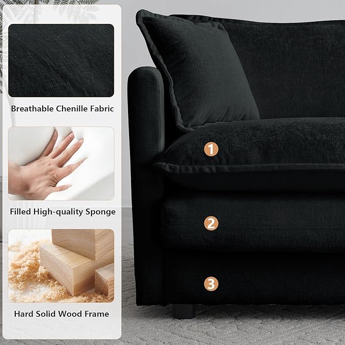 mikibama Modular Sectional Sofa 146.5 Inch L Shaped Couch Set for Living Room 4-Seater Comfy Cloud Couches with Movable Ottoman DIY Combination Chenille Black