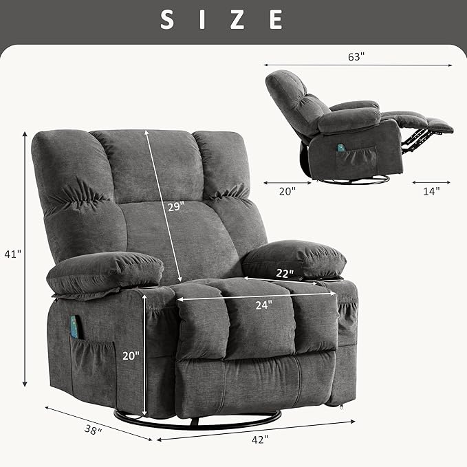 Fantasylab Recliner Chair with Vibration Massage &amp Lumbar Heating 360° Swivel Oversized Rocker Recliner with USB Charging Port Two Cup Holders &amp Side Pocket for Living Room