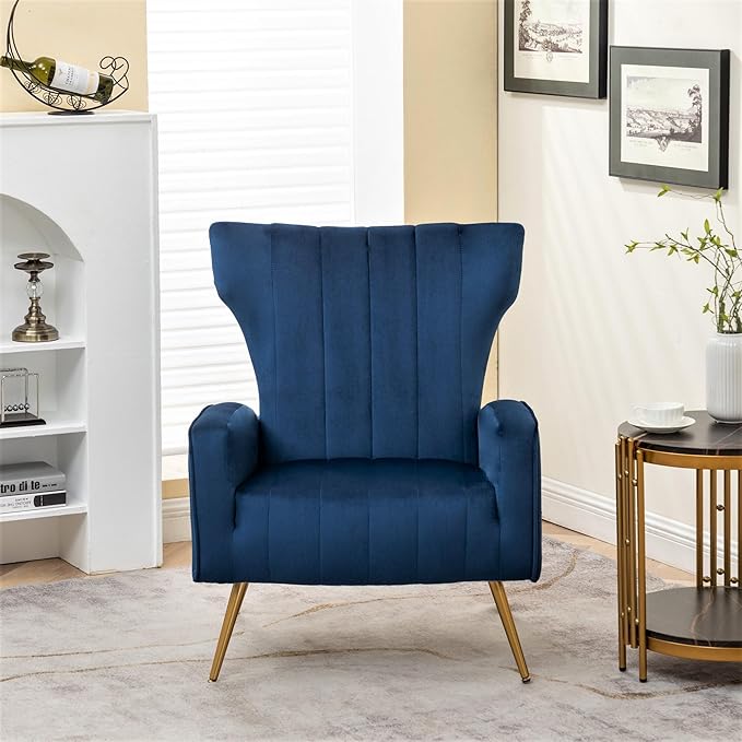 Modern Velvet Accent Chair Channel Tufted Bedroom Office or Living Room Furniture with Elegant Metal Legs 26 Wide Armchair Blue
