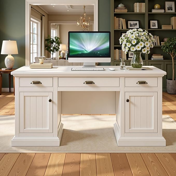 Jocisland 68 Executive Desk for Home Office &amp Study Fluted Panel Computer Table with 3 Drawers and 2 Cabinets Farmhouse Writing Desk – Pure White