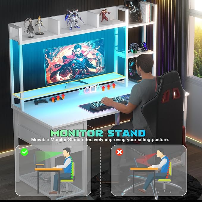 Aheaplus Desk with LED and Outlets Gaming Desk with Hutch 47.2'' Computer Desk with Drawers Reversible Office Desk with Storage Bookshelf Large Workstation Desk with Shelf Desk for Home White