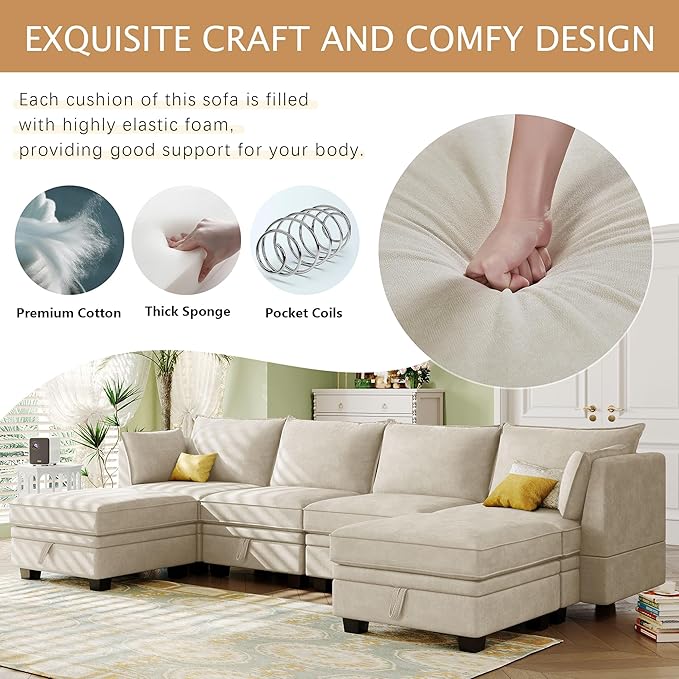 P PURLOVE Sectional Sofa Large Modular Sectional Sofa Convertible Couch with Reversible Chaise for Living Room with Plastic Legs (Beige)
