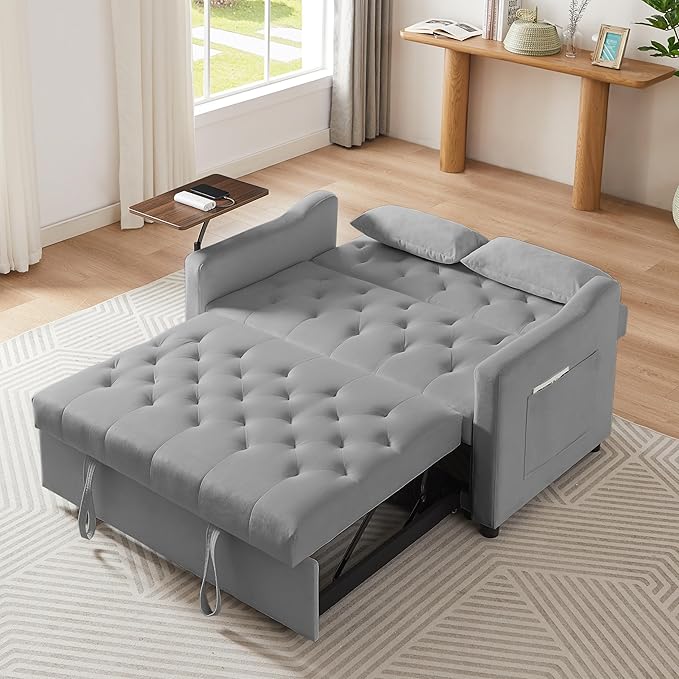 3-in-1 Convertible Sleeper Sofa Bed Pullout Couch with 360° Swivel Side Table Modern Chenille Fabric Easy to Assemble Folding Loveseat Sofa Bed for Living Room &amp Guest Room