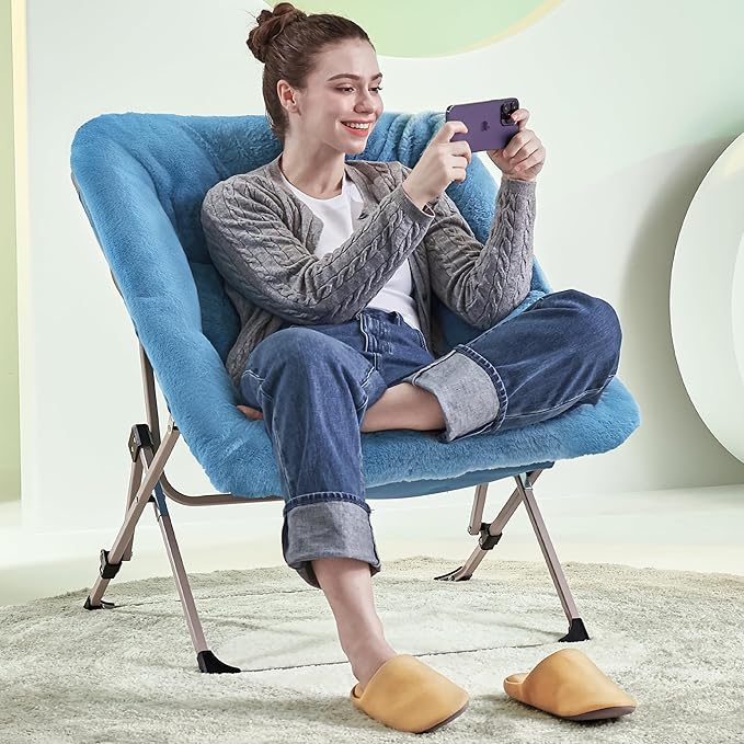 Walsham Folding Comfy Chair Faux Fur Soft Cozy Lounge Reading Papasan Chair for Adults Kids Bedroom Living Room Dorms Small Space Blue