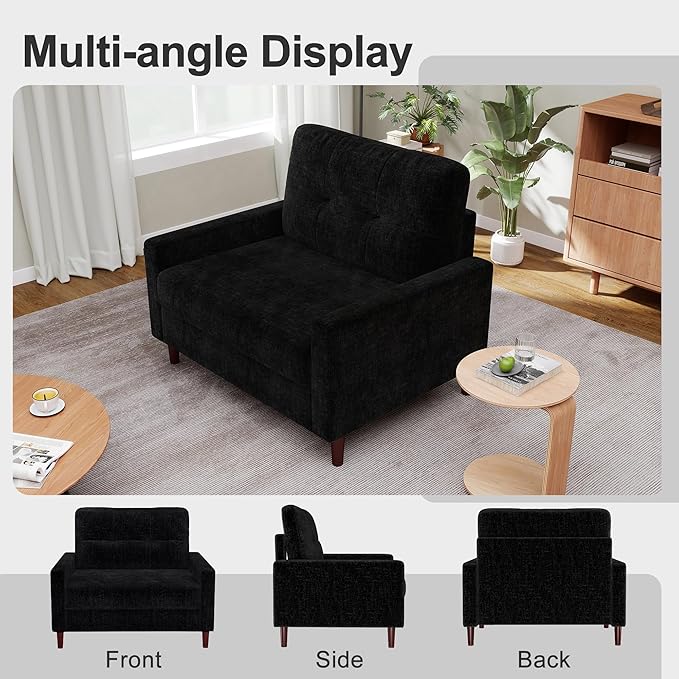 Accent Chair for Living Room Oversized 39.5 Chenille Fabric Armchair Mid Century Modern Single Sofa Chair Comfy Reading Chair for Bedroom Apartment Waiting Room (Black 2 Pack)