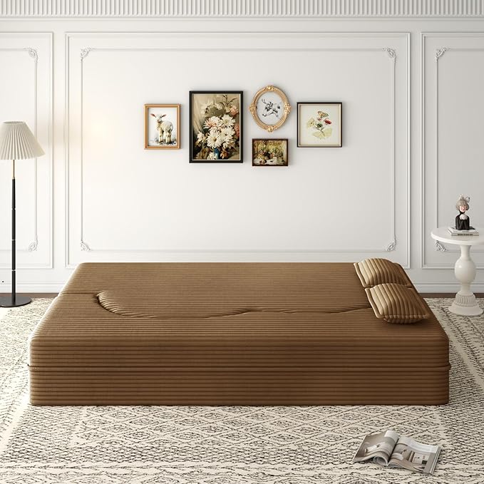 2 in 1 Convertible Folding Sofa Bed Plush Corduroy Lazy Lounge Sofabed Foam Folding Floor Sofa Bed 78 Full Size Memory Foam Couch for Living Room Guestroom No Assembly Required Sofabed (Camel)