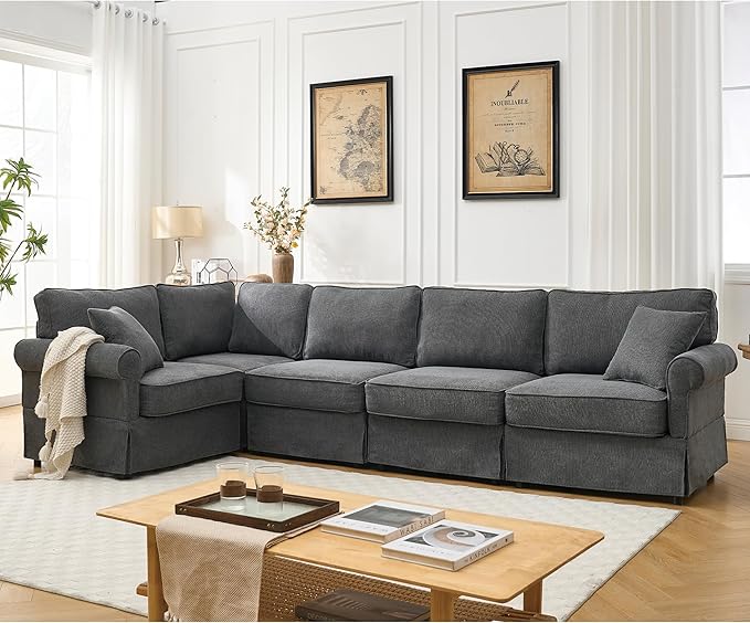KEIKI 94 L-Shaped Oversized Modular Linen Sectional Sofa with Rolled Arms Cushion Back Modern Style Convertible 5-Seater Corner Couch Easy Assembly for Apartment Living Room Bedroom Dark Gray