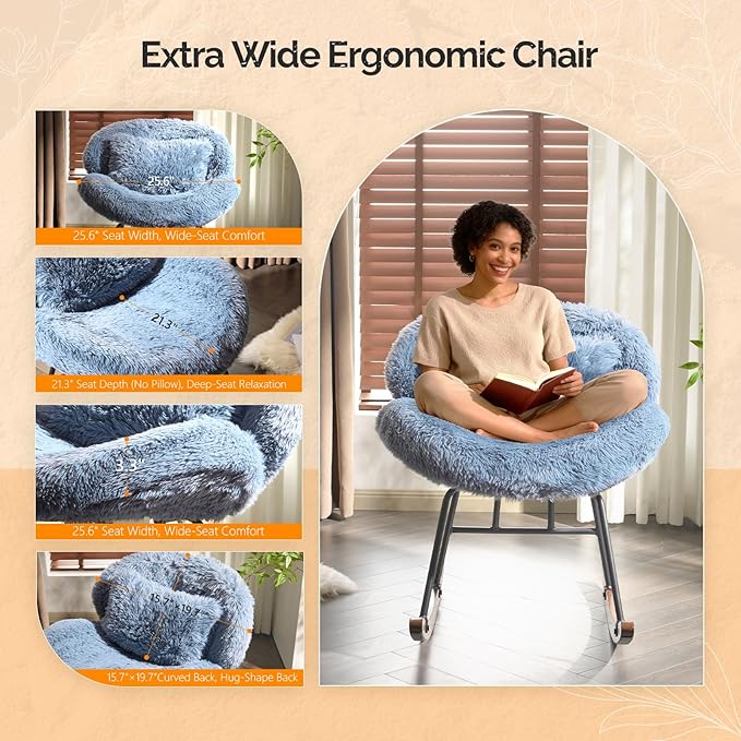 VINGLI 25.6 Extra Wide Nursery 115° Armless Rocking Chair Curved Cute Cross-Legged Glider Chair with Pillow &amp Solid Wood Nursing Chair for Bedroom Living Room Fluffy Fleece Ocean Blue