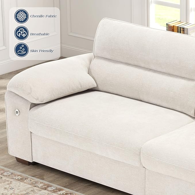 WorthFurni Sofas for Living Room Chenille Pillow-Armrest Loveseat Couch Set Small Sofa 3 Seater Sofa USB Charging Removable Sofa Cover Solid Wood Frame Easy to Install (90.5 inch Beige)