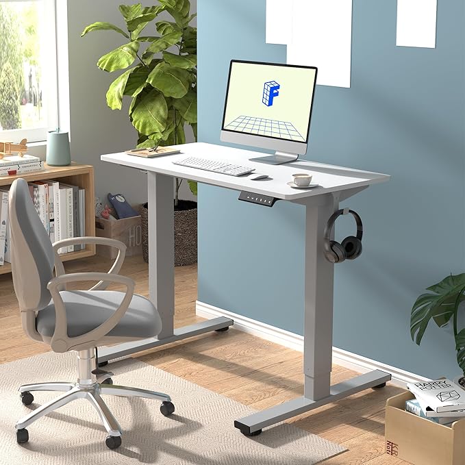 FLEXISPOT EN1 One-Piece Adjustable Desk 40 x 24 Inches Stand Up Desk Workstation Electric Standing Desk with Seamless Desktop (Silver Frame + 40 inches White Top 2 Packages)