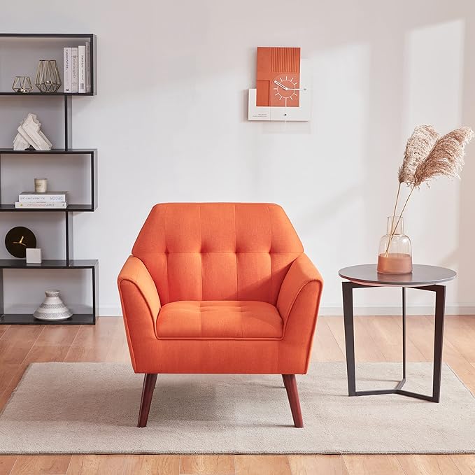 Kingfun Accent Chairs for Bedroom Midcentury Modern Accent Arm Chair for Living Room Linen Fabric Comfy Reading Chair Tufted Comfortable Sofa Chair Upholstered Single Sofa Orange