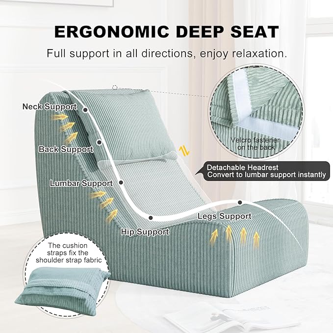 Giant Bean Bag Chair for AdultsCorduroy Chaise Lounge with Unrivaled Back Support Detachable Neck Pillow Comfortable Ottoman &amp Washable Cover for Living Room Bedroom Garden(Mint Green)