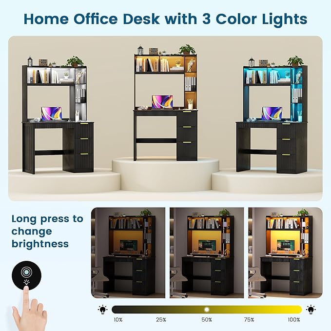Home Office Desk with Hutch &amp LED Lights - 39 Computer Desk with Charging Station 3 Large Drawers Hidden Compartment &amp Fluted Panel DesignBlack Writing Desk for Bedroom Study