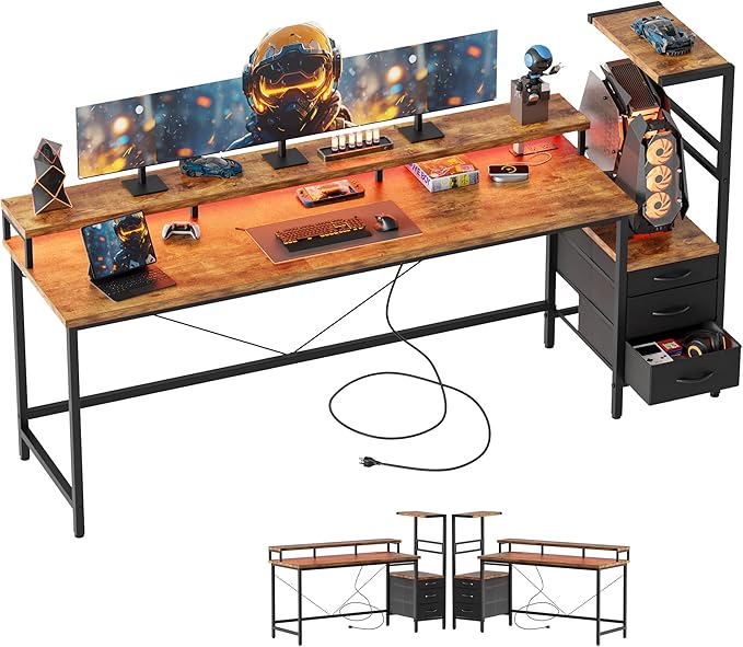 Mericonia Gaming Desk with Power Outlets &amp LED Lights Reversible Computer Desk with PC Case Stand Fabric Drawers Modern Office Desk with Shelves Monitor Stand