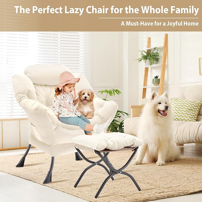 Lazy Chair with Folding Ottoman Accent Chair Velvet Upholstered with Metal Structure and Non-Slip Pads Sofa Armchair with Footrest and Side Storage Bag for Dorm Room Office Beige
