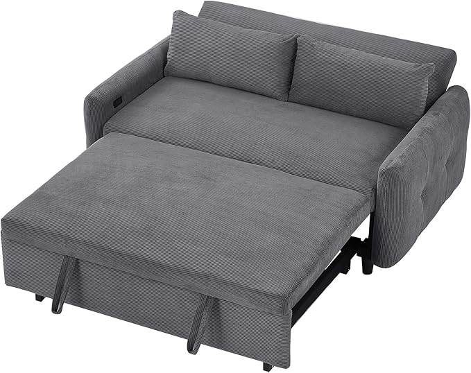 Pull-Out Sofa Bed Convertible Couch 2 Seat Loveseat Sofa Corduroy Fabric Upholstered Sleeper Sofa with 2 Throw Pillows and USB Ports for Living Room Office Apartment (Dark Grey)