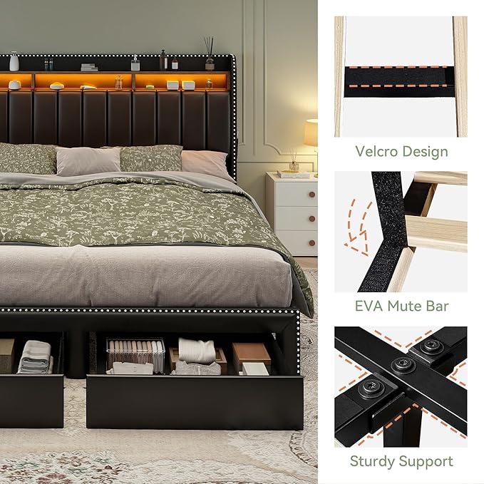 Torana King LED Bed Frame with 2 Drawers PU Leather Upholstered Storage Wingback Headboard Beds Channel Tufted Platform Bedframe with Rivet Decor No Box Spring Needed Black