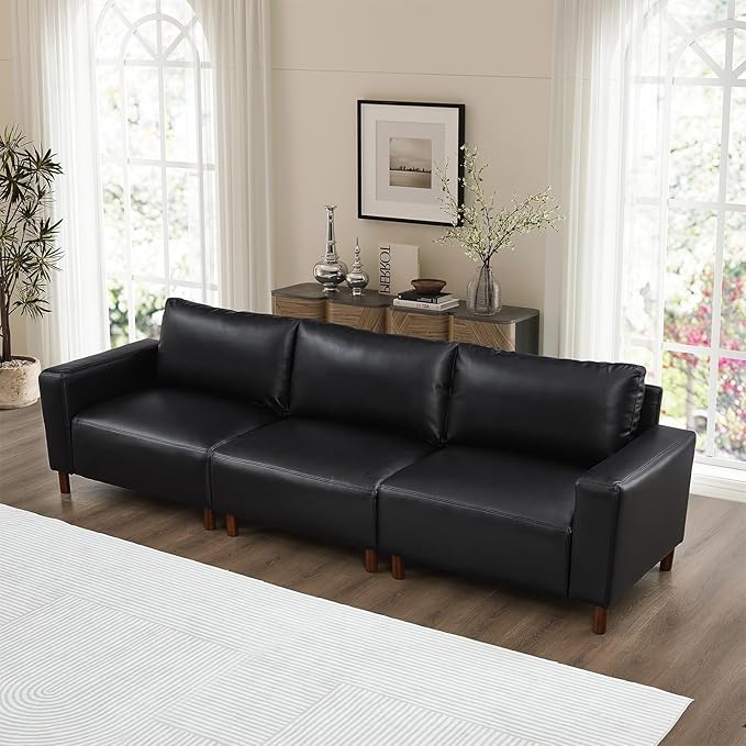 Mid-Century Modern Sofa PU Leather 3-Seater Couch with Solid Wood Legs &amp Square Armrests Lounge Comfy Sofa Upholstered Cozy Couch for Living Room Apatment Bedroom Office(112 W Black)